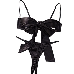 Sexy black satin lingerie set with large bow detail and hollow-out cutout design