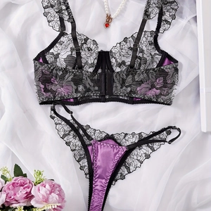 Sexy black floral lace bra set with purple satin thong and delicate butterfly sleeves