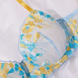 French style sheer mesh bra set with yellow and blue floral embroidery and straps
