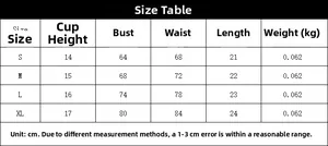 Size chart for strawberry embroidery mesh bra set showing S to XL measurements in cm