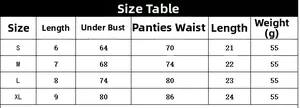 Detailed size chart for sexy embroidered hollow lingerie set showing S to XL dimensions