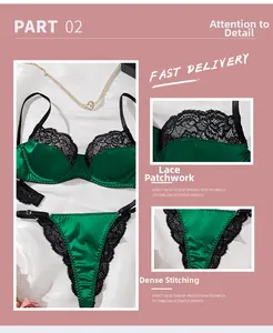 Detail of dark green satin bra with black eyelash lace stitching and neat stitching