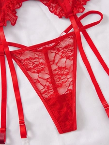 Detailed macro view of red floral lace thong and garter belt with silver metal buckles