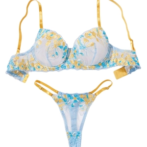 Lace lingerie set featuring light blue mesh with yellow floral embroidery and T-back