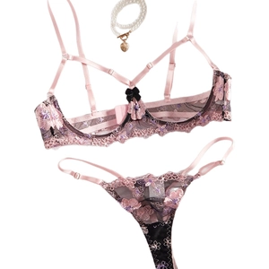 Completo intimo ricamato floreale sexy con rete nera e spalline rosa, alta qualità rifinita