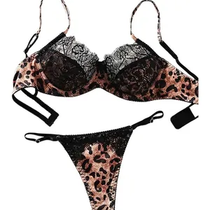Sexy leopard print and black lace lingerie set with underwire bra and thong