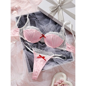 Women Sexy Gingham Plaid Lingerie Pink White Lace Bra And Thong With Bow Detail Sweet Romantic Underwired Sleepwear Lingerie