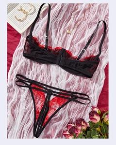 Detail of black and red lace lingerie set with floral embroidery and cutout straps