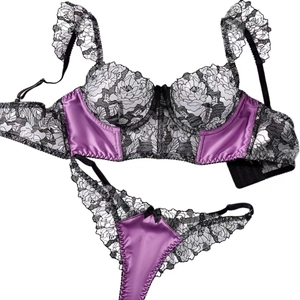 Sexy purple satin and floral lace lingerie set with ruffled sleeves and underwire bra