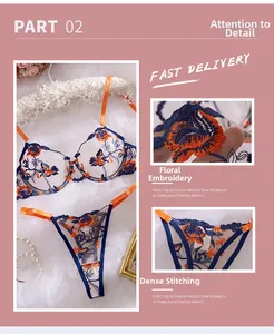 Macro detail of floral embroidery and fine stitching on white mesh lingerie set