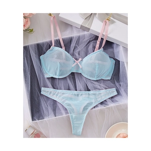 Women Sexy Mesh Patchwork Lingerie Pink Light Blue Contrast Color Underwire Bra And Thong Sweet Underwear