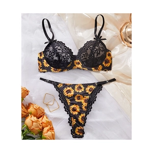 Sexy black lace lingerie set with sunflower embroidery and floral bra with thong
