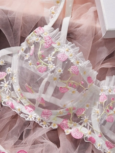 Close-up of strawberry and daisy embroidery on white mesh bra with ruffled lace edges