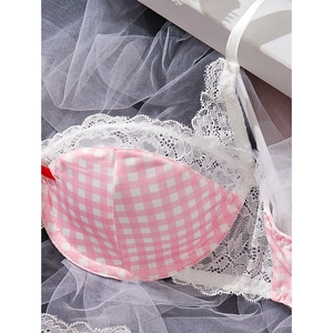 Pink plaid sexy lingerie set for women featuring delicate white lace and steel underwire support