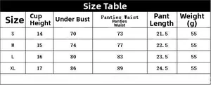 Size chart for lingerie set showing measurements in centimeters for sizes S to XL