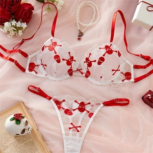 Sexy White Mesh Lingerie Set Red Skull Embroidery Scalloped Bra And Thong Two-Piece Set Gothic Underwear Top And Bottom