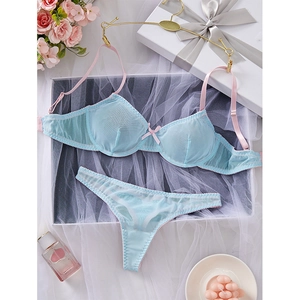 Blue sheer mesh lingerie set with pink lace straps and delicate bow detail in a gift setting