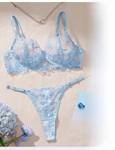 Detailed view of light blue lingerie set featuring floral embroidery and sheer lace