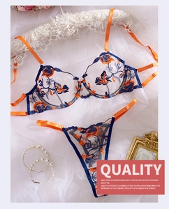 Detail of floral embroidery on sheer mesh lingerie set with blue and orange contrast