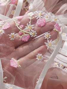 Detailed macro view of white mesh fabric featuring sweet pink strawberry embroidery