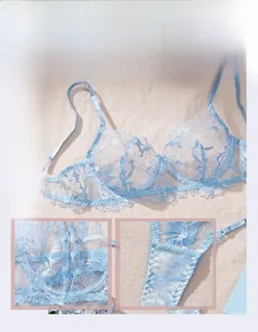 Detail showing blue floral lace embroidery and sheer fabric texture on lingerie set