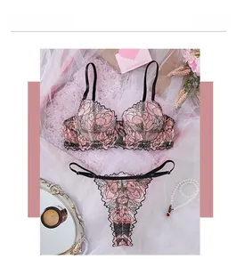 Detail of pink floral embroidery and black lace trim on sexy lingerie set