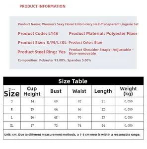 Size chart showing S to XL measurements for blue floral embroidery lingerie set with steel ring