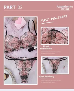 Detailed view of pink floral lace embroidery and precise stitching on sexy lingerie set
