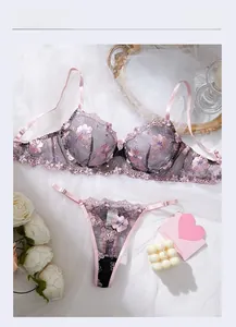 Detailed close-up of purple lace lingerie with 3D floral embroidery and satin straps