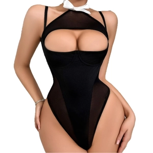 Sexy black mesh jumpsuit for women featuring halter neck and lace-up bowtie detail