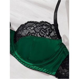 Deep green satin and black lace bra set with supportive underwire and retro styling
