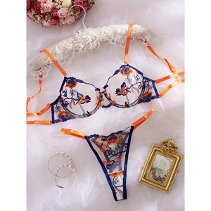 Women Sexy Lingerie Floral Embroidery Underwire Mesh Bra And Thong Contrast Color Contrast Lace Lingerie Nightwear