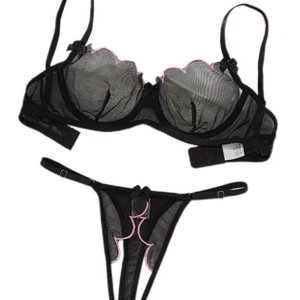 Two-piece black sheer mesh sexy lingerie set with pink embroidery and bow accents