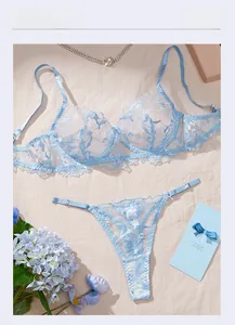 Detail of light blue floral lace lingerie set with bra and thong on fabric background