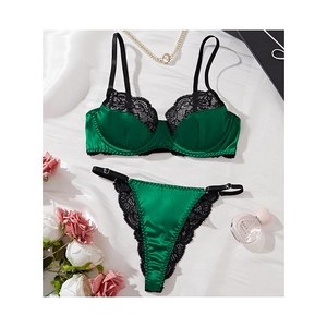 Elegant emerald green satin and black lace lingerie set with underwire bra and thong