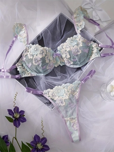 Detail of floral embroidery on mint green and lavender sexy lace lingerie set