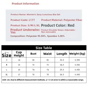 Detailed size chart for red lingerie set with measurements from S to XL for perfect fit