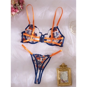 Navy blue lace lingerie set with orange floral embroidery and underwire bra