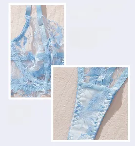 Close-up of light blue floral embroidery on sheer mesh lingerie with adjustable straps