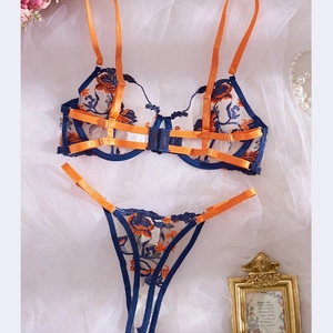 Lace embroidery lingerie set in deep blue and orange contrast with floral mesh patterns