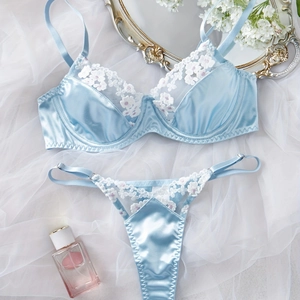 French Style Light Blue Satin Sexy Lingerie Including White Floral Embroidery Bra And Thong For Women Elegant Underwear
