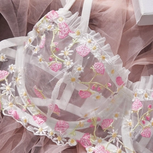 Sexy white mesh bra set featuring pink strawberry embroidery and floral lace details