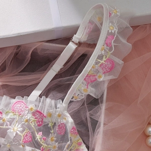 Sexy white mesh lingerie set with strawberry embroidery and daisy details