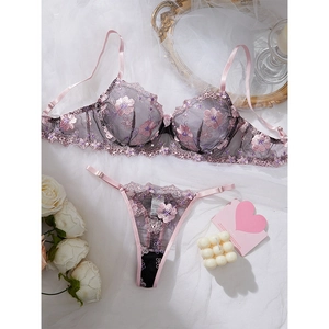 Women Sexy Lace Embroidery Lingerie Set Black Pink Mesh Floral Embroidered Underwear Bra and Bottom Top and Bottom