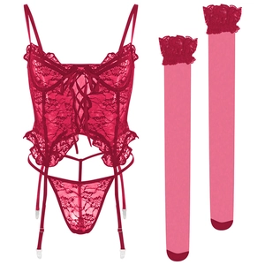 Three-piece rose red lace lingerie set with strappy bustier and matching thigh-high socks