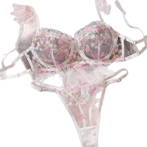 Sexy pink mesh lingerie set with strawberry embroidery and underwire lace bra
