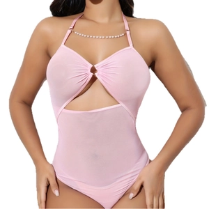 Women Sexy Pink Mesh Halter Bodysuit Sheer Cutout Lingerie With Artificial Pearl Chain Decoration Slim Fit Transparent Clubwear Top