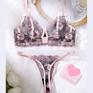 French style pink and purple floral lace lingerie set with adjustable straps on white background