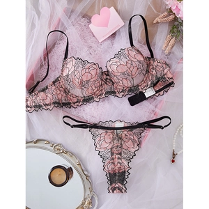 Women Sexy Lingerie Bra And Thong Floral Embroidery Lace Sheer Mesh Contrast Color Underwear For Valentine's Day