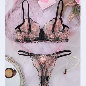 Sexy pink lace lingerie set with floral embroidery and black adjustable straps